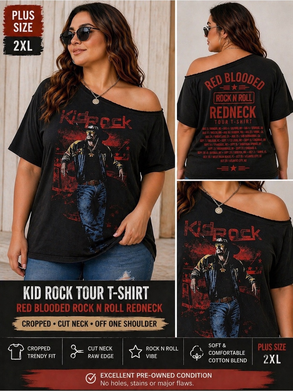 Kid Rock Tour T-Shirt 2XL Cropped Neck Women’s  Red Blooded Rock N Roll Redneck